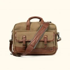 Buffalo Jackson Trading Co. Dakota Reserve Waxed Canvas Leather Briefcase | Field Khaki With Chestnut Brown