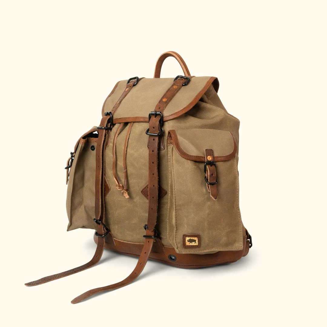 Buffalo Jackson Trading Co. Leather Travel Bags Dakota Waxed Canvas Rucksack | Field Khaki W/ Chestnut Brown Leather