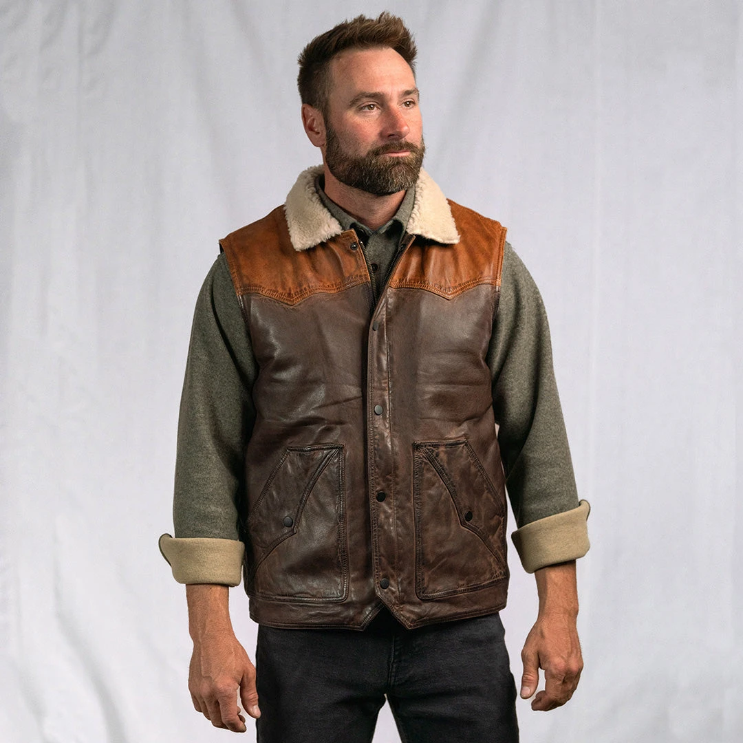 Buffalo Jackson Trading Co. Leather Jackets Jackson Leather Sherpa Vest | Tan & Brown 10 Buffalo Jackson Trading Co. Leather Jackets Jackson Leather Sherpa Vest | Tan & Brown