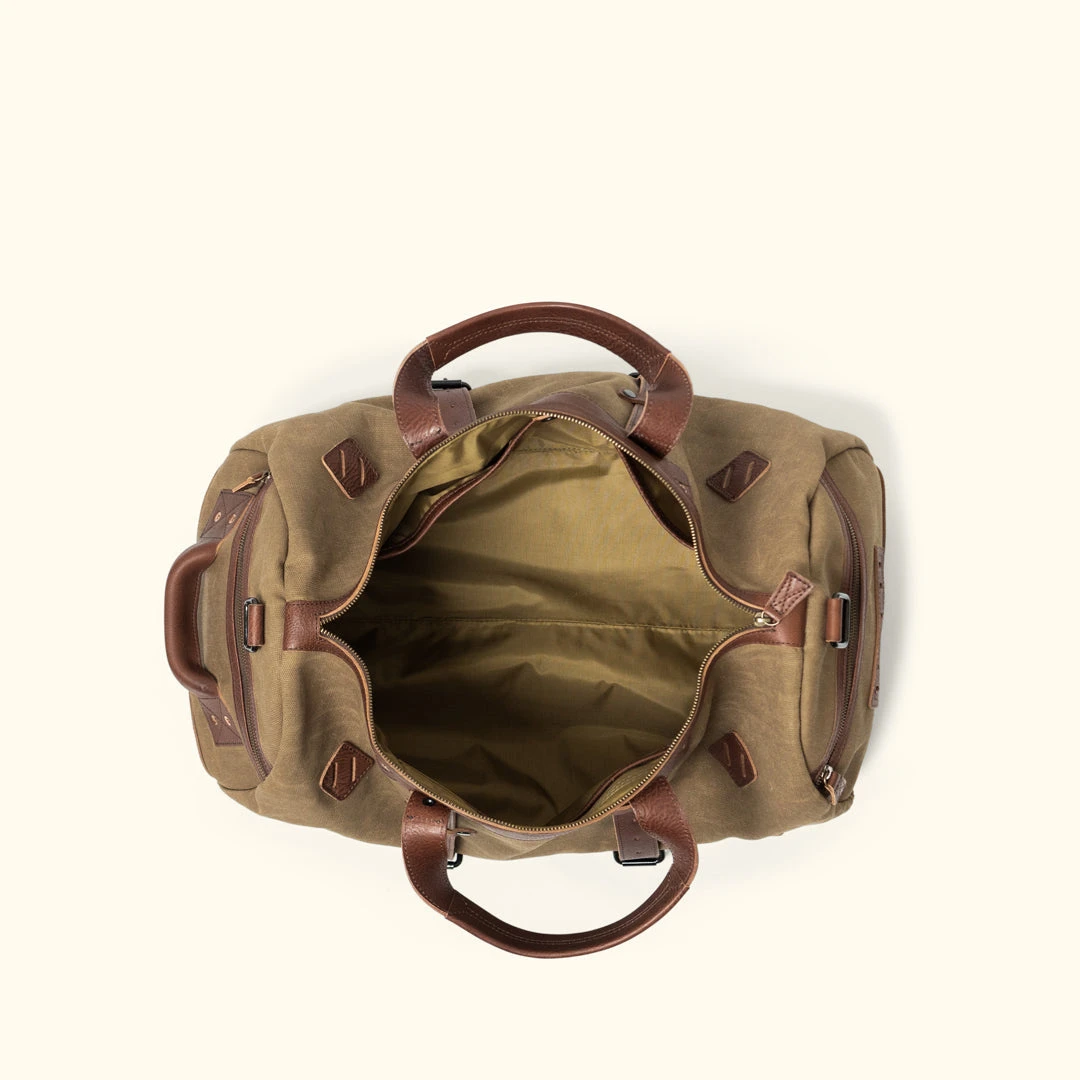 Buffalo Jackson Trading Co. Dakota Waxed Canvas Duffle Bag/Backpack | Field Khaki W/ Chestnut Brown Leather 10 Buffalo Jackson Trading Co. Dakota Waxed Canvas Duffle Bag/Backpack | Field Khaki W/ Chestnut Brown Leather