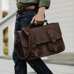 Buffalo Jackson Trading Co. Outlet Denver Leather Briefcase | Limited Edition - Dark Briar W/ Orange Stitching