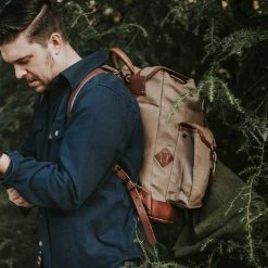 Buffalo Jackson Trading Co. Leather Travel Bags Dakota Waxed Canvas Rucksack | Field Khaki W/ Chestnut Brown Leather