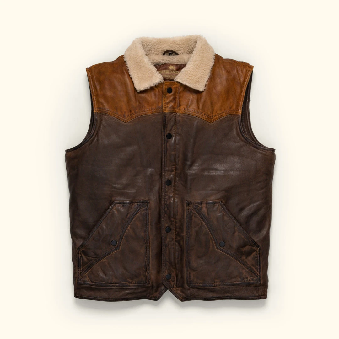 Buffalo Jackson Trading Co. Leather Jackets Jackson Leather Sherpa Vest | Tan & Brown 4 Buffalo Jackson Trading Co. Leather Jackets Jackson Leather Sherpa Vest | Tan & Brown