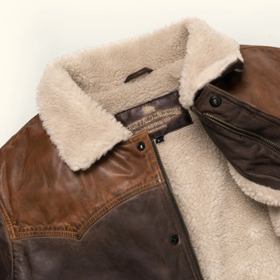Buffalo Jackson Trading Co. Leather Jackets Jackson Leather Sherpa Vest | Tan & Brown 7 Buffalo Jackson Trading Co. Leather Jackets Jackson Leather Sherpa Vest | Tan & Brown