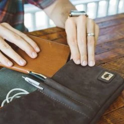 Buffalo Jackson Trading Co. Denver Waxed Canvas 13 Inch Laptop Case | Green W/ Dark Walnut Leather