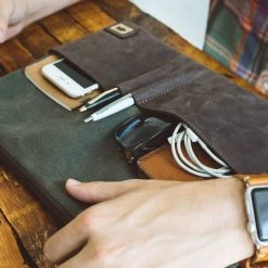 Buffalo Jackson Trading Co. Denver Waxed Canvas 15 Inch Laptop Case | Green W/ Dark Briar Leather