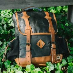 Buffalo Jackson Trading Co. Dakota Waxed Canvas Commuter Backpack | Navy Charcoal W/ Saddle Tan Leather Leather Backpacks