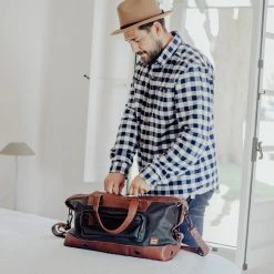Buffalo Jackson Trading Co. Dakota Waxed Canvas Weekend Bag | Navy Charcoal W/ Chestnut Brown Leather Leather Duffle Bags