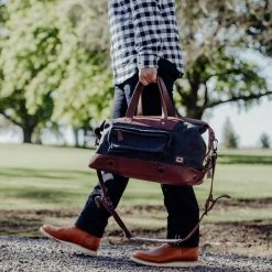 Buffalo Jackson Trading Co. Dakota Waxed Canvas Weekend Bag | Navy Charcoal W/ Chestnut Brown Leather Leather Duffle Bags