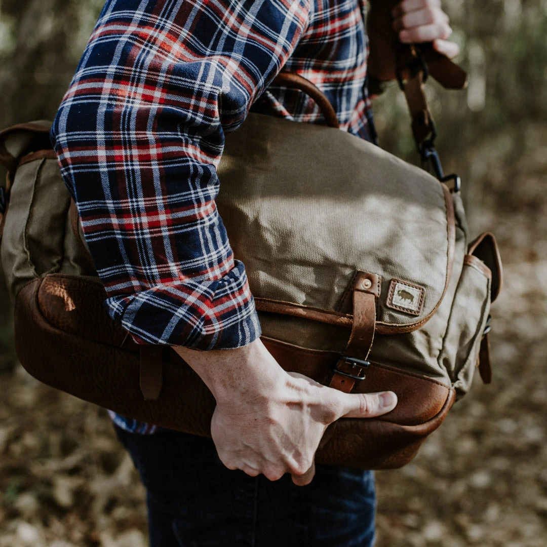 Buffalo Jackson Trading Co. Dakota Waxed Canvas Messenger Bag | Field Khaki W/ Chestnut Brown Leather New 9 Buffalo Jackson Trading Co. Dakota Waxed Canvas Messenger Bag | Field Khaki W/ Chestnut Brown Leather New