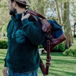 Buffalo Jackson Trading Co. Dakota Waxed Canvas Weekend Bag | Navy Charcoal W/ Chestnut Brown Leather Leather Duffle Bags