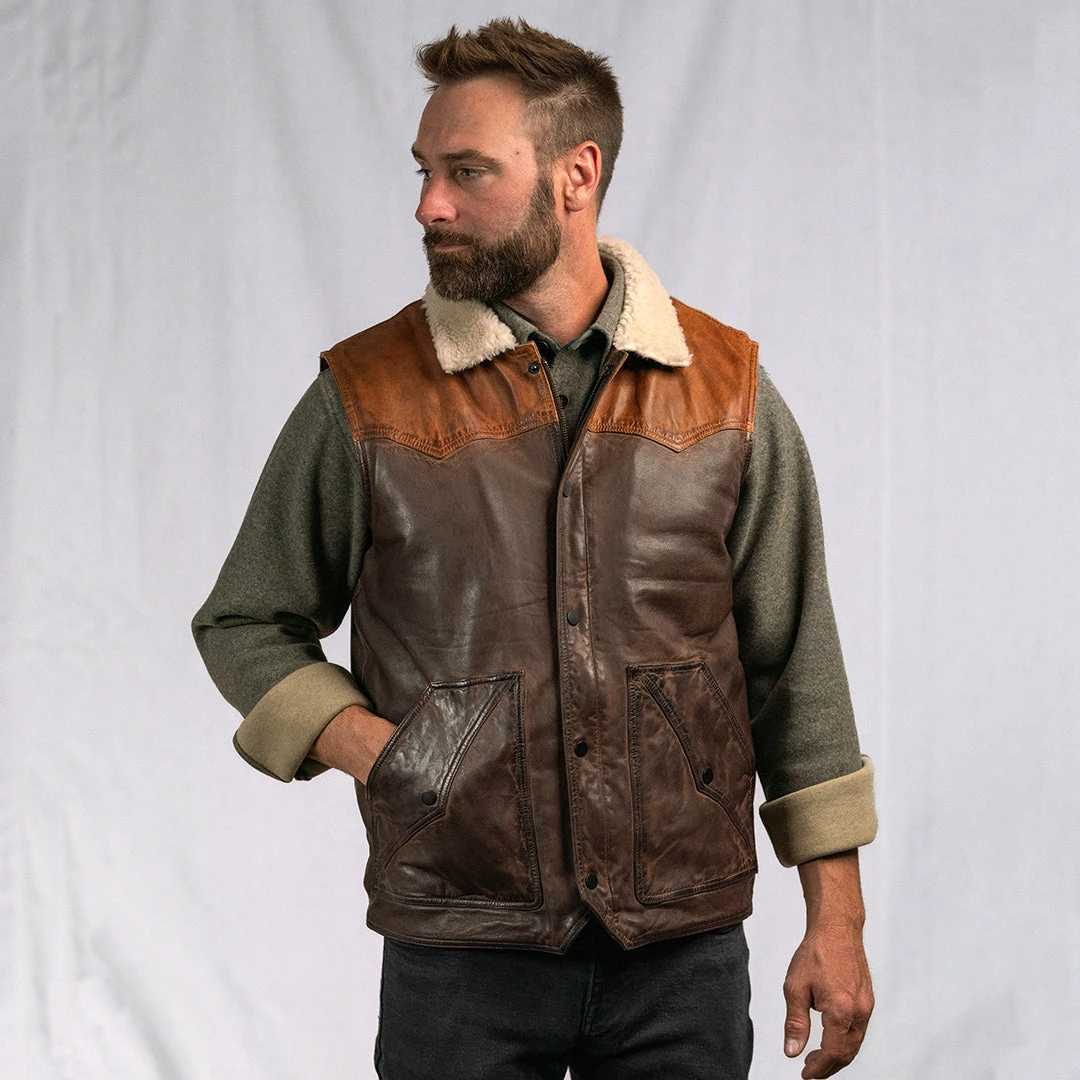 Buffalo Jackson Trading Co. Leather Jackets Jackson Leather Sherpa Vest | Tan & Brown 12 Buffalo Jackson Trading Co. Leather Jackets Jackson Leather Sherpa Vest | Tan & Brown