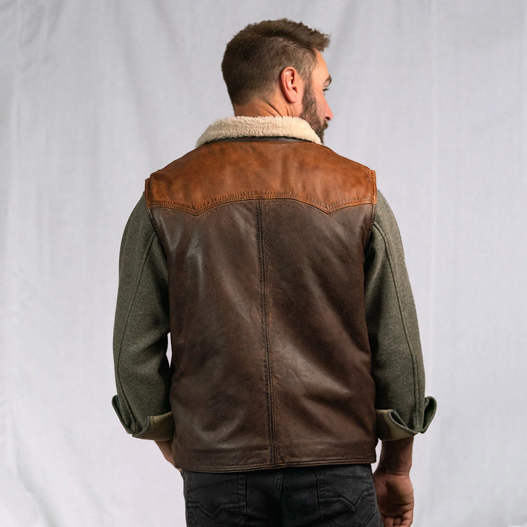 Buffalo Jackson Trading Co. Leather Jackets Jackson Leather Sherpa Vest | Tan & Brown 13 Buffalo Jackson Trading Co. Leather Jackets Jackson Leather Sherpa Vest | Tan & Brown