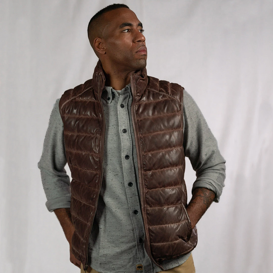 Buffalo Jackson Trading Co. Leather Jackets Bridger Leather Down Vest | Dark Brown 4 Buffalo Jackson Trading Co. Leather Jackets Bridger Leather Down Vest | Dark Brown